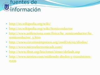 fuentes de
información
• http://es.wikipedia.org/wiki/
• http://es.wikipedia.org/wiki/Semiconductor
• http://www.asifunciona.com/fisica/ke_semiconductor/ke_
semiconductor_5.htm
• http://www.circuitosimpresos.org/2008/06/02/diodos/
• http://www.microelectronicash.com/
• http://www.ifent.org/lecciones/zener/default.asp
• http://www.neoteo.com/midiendo-diodos-y-transistores-
15335
 