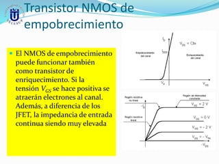 Transistor NMOS de
empobrecimiento
 El NMOS de empobrecimiento
puede funcionar también
como transistor de
enriquecimiento. Si la
tensión VGS se hace positiva se
atraerán electrones al canal.
Además, a diferencia de los
JFET, la impedancia de entrada
continua siendo muy elevada
 
