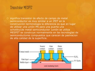 Transistor MESFET
 significa transistor de efecto de campo de metal
semiconductor es muy similar a un JFET en la
construcción terminología la diferencia es que en lugar
de utilizar una unión PN para una puerta una
schottky(de metal semiconductor )unión se utiliza
MESFET se construye normalmente en las tecnologías de
semiconductores compuestos que carecen de pasivacion
de alta calidad de la superficie.
 