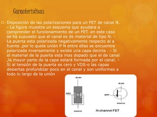 Características
 Disposición de las polarizaciones para un FET de canal N.
- La figura muestra un esquema que ayudara a
comprender el funcionamiento de un FET. en este caso
se ha supuesto que el canal es de material de tipo N. -
La puerta esta polarizada negativamente respecto al a
fuente ,por lo quela unión P N entre ellas se encuentra
polarizada inversamente y existe una capa decirla . - Si
el material de la puerta esta mas dopado que el de canal
,la mayor parte de la capa estará formada por el canal. -
Si al tensión de la puerta es cero y VDS-o las capas
desiertas profundizar poco en el canal y son uniformes a
todo lo largo de la unión
 