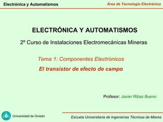 ELECTRÓNICA Y AUTOMATISMOS 2º Curso de Instalaciones Electromecánicas Mineras Tema 1: Componentes Electrónicos El transistor de efecto de campo Profesor:  Javier Ribas Bueno 