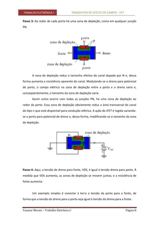 TRABALHO ELETRÔNICA I - TRANSISTOR DE EFEITO DE CAMPO - FET
Taumar Morais – Trabalho Eletrônica I Página 8
Passo 3: Ao redor de cada porta há uma zona de depleção, como em qualquer junção
PN.
A zona de depleção reduz o tamanho efetivo do canal dopado por N e, dessa
forma aumenta a resistência aparente do canal. Modulando-se o dreno para potencial
de porta, o campo elétrico na zona de depleção entre a porta e o dreno varia e,
conseqüentemente, o tamanho da zona de depleção varia.
Assim como ocorre com todas as junções PN, há uma zona de depleção ao
redor da porta. Essa zona de depleção obviamente reduz a área transversal do canal
do tipo n que está disponível para condução elétrica. A ação do JFET é regida variando-
se a porta para potencial de dreno e, dessa forma, modificando-se o tamanho da zona
de depleção.
Passo 4: Aqui, a tensão de dreno para fonte, VDS, é igual à tensão dreno para porta. À
medida que VDS aumenta, as zonas de depleção se movem juntas; e a resistência de
fonte aumenta.
Um exemplo simples é conectar à terra a tensão da porta para a fonte, de
forma que a tensão do dreno para a porta seja igual à tensão do dreno para a fonte.
 
