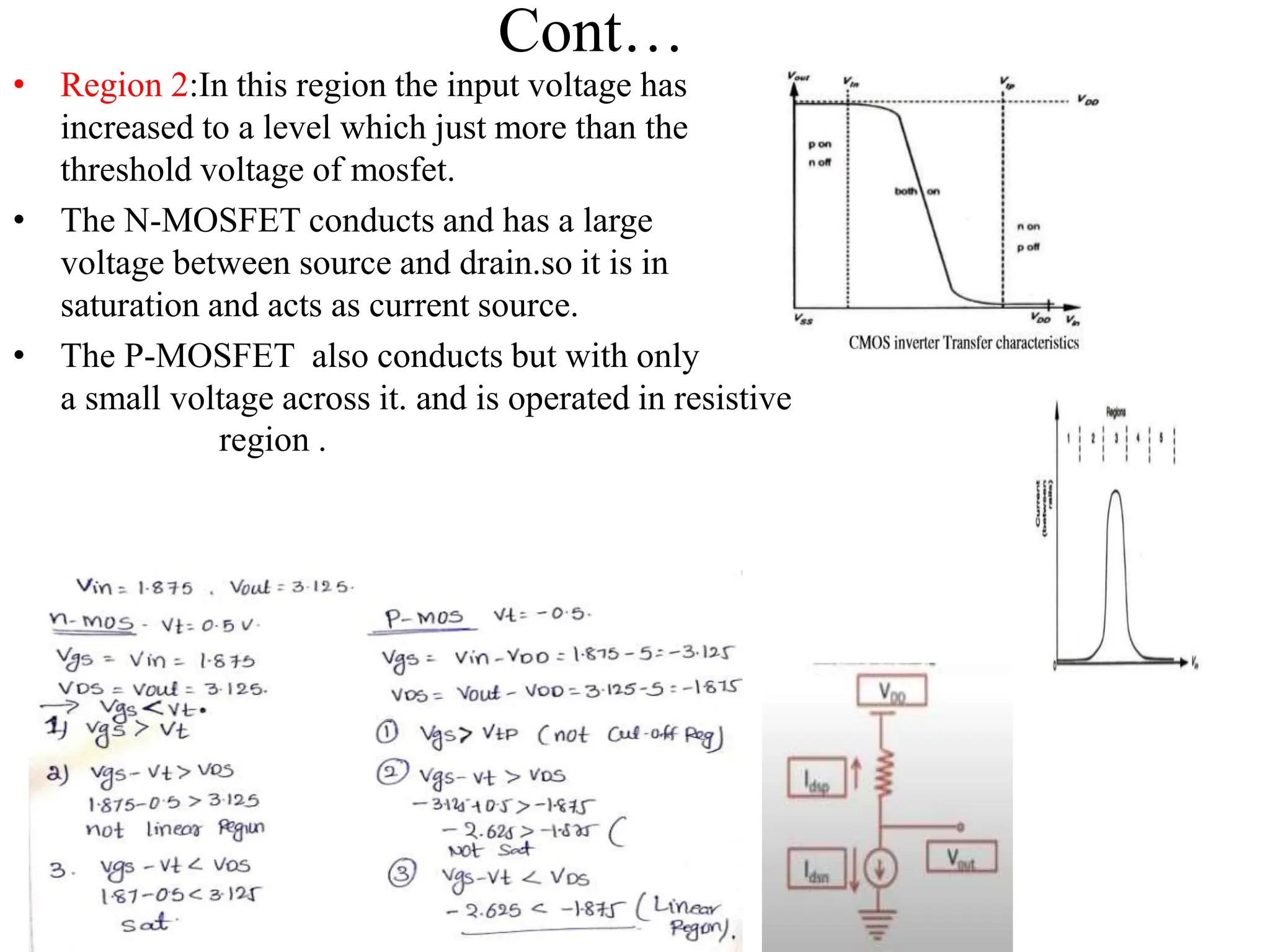 Cont…
• Region 2:In this region the input voltage has
increased to a level which just more than the
threshold voltage of mosfet.
• The N-MOSFET conducts and has a large
voltage between source and drain.so it is in
saturation and acts as current source.
• The P-MOSFET also conducts but with only
a small voltage across it. and is operated in resistive
region .
 