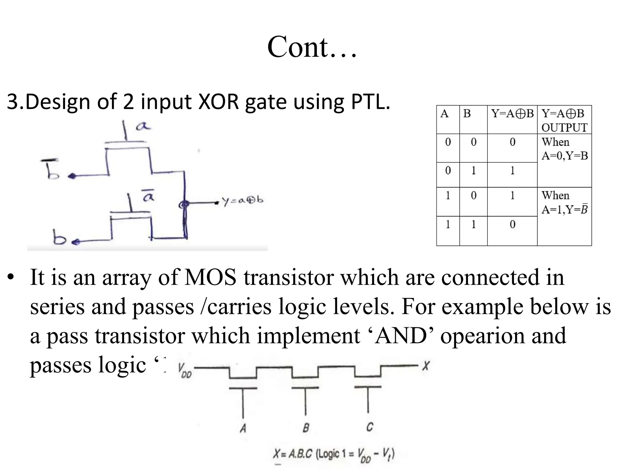 Cont…
3.Design of 2 input XOR gate using PTL.
• It is an array of MOS transistor which are connected in
series and passes /carries logic levels. For example below is
a pass transistor which implement ‘AND’ opearion and
passes logic ‘1’information
 