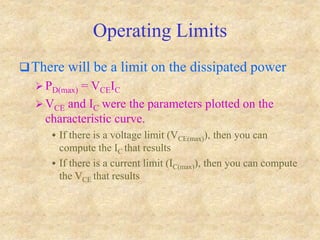 Operating Limits
There will be a limit on the dissipated power
 PD(max) = VCEIC
 VCE and IC were the parameters plotted on the
characteristic curve.
 If there is a voltage limit (VCE(max)), then you can
compute the IC that results
 If there is a current limit (IC(max)), then you can compute
the VCE that results
 
