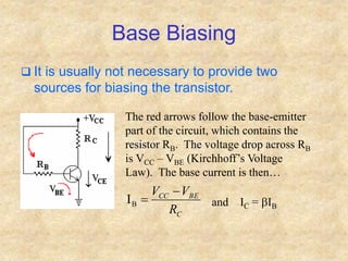 Base Biasing
 It is usually not necessary to provide two
sources for biasing the transistor.
The red arrows follow the base-emitter
part of the circuit, which contains the
resistor RB. The voltage drop across RB
is VCC – VBE (Kirchhoff’s Voltage
Law). The base current is then…
C
BE
CC
R
V
V 

B
I and IC = bIB
 