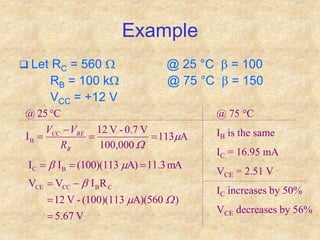 Example
 Let RC = 560 W @ 25 °C b = 100
RB = 100 kW @ 75 °C b = 150
VCC = +12 V
mA
11.3
A)
(100)(113
I
I B
C 

 m
b
V
5.67
)
A)(560
(100)(113
-
V
12
R
I
V
V C
B
CC
CE




W
m
b
@ 75 °C
IB is the same
IC = 16.95 mA
VCE = 2.51 V
IC increases by 50%
VCE decreases by 56%
A
113
100,000
V
0.7
-
V
12
I
C
25
@
B m
W





B
BE
CC
R
V
V
 