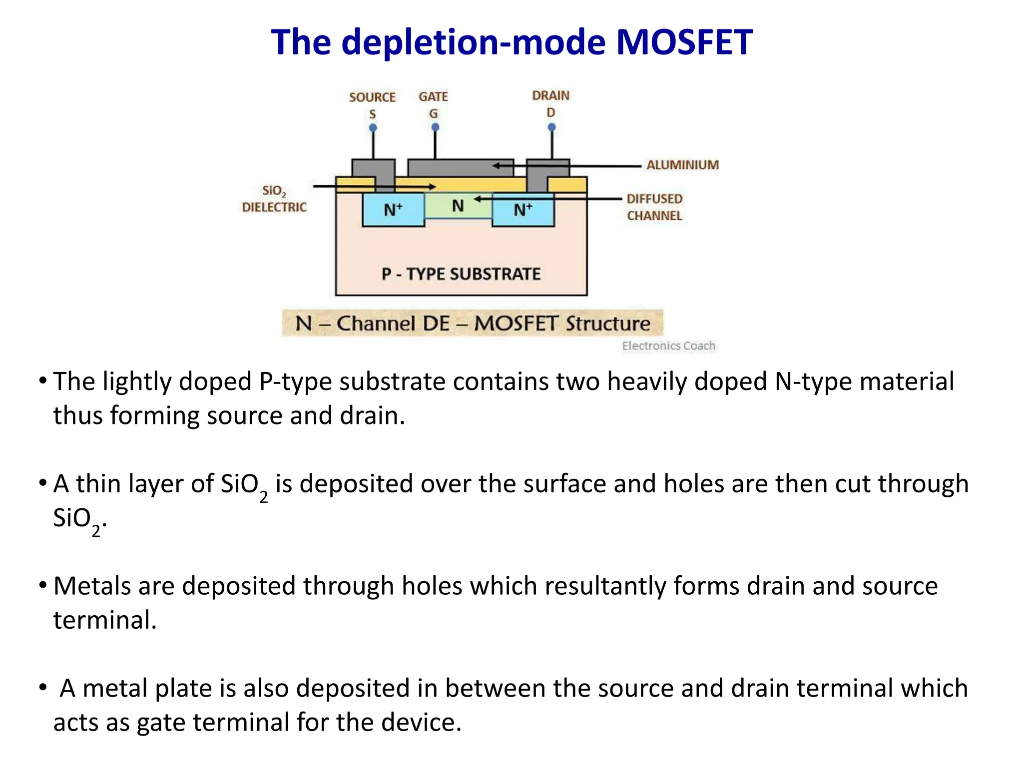 The depletion-mode MOSFET
• The lightly doped P-type substrate contains two heavily doped N-type material
thus forming source and drain.
• A thin layer of SiO2
is deposited over the surface and holes are then cut through
SiO2
.
• Metals are deposited through holes which resultantly forms drain and source
terminal.
• A metal plate is also deposited in between the source and drain terminal which
acts as gate terminal for the device.
 