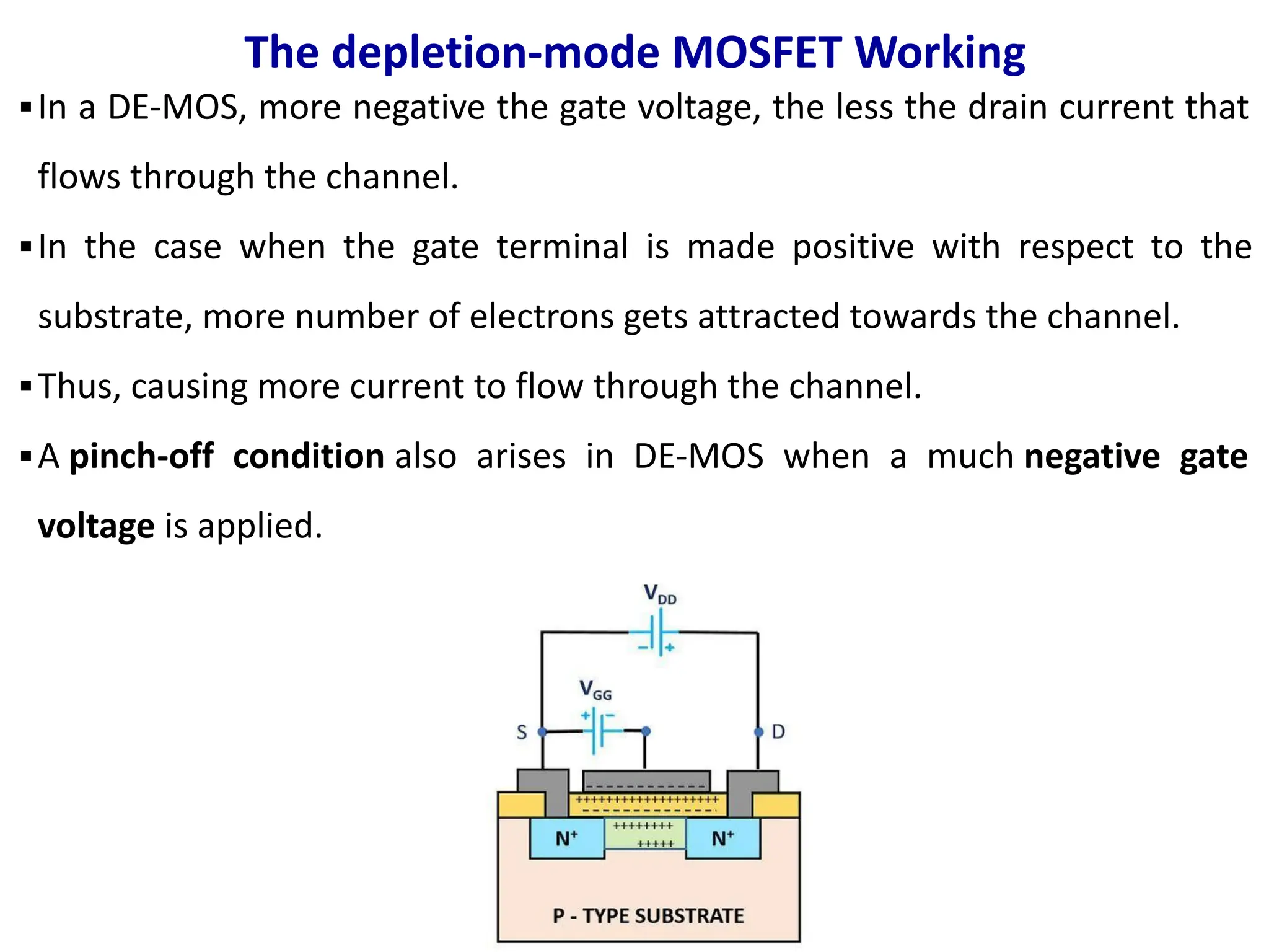 The depletion-mode MOSFET Working
▪In a DE-MOS, more negative the gate voltage, the less the drain current that
flows through the channel.
▪In the case when the gate terminal is made positive with respect to the
substrate, more number of electrons gets attracted towards the channel.
▪Thus, causing more current to flow through the channel.
▪A pinch-off condition also arises in DE-MOS when a much negative gate
voltage is applied.
 