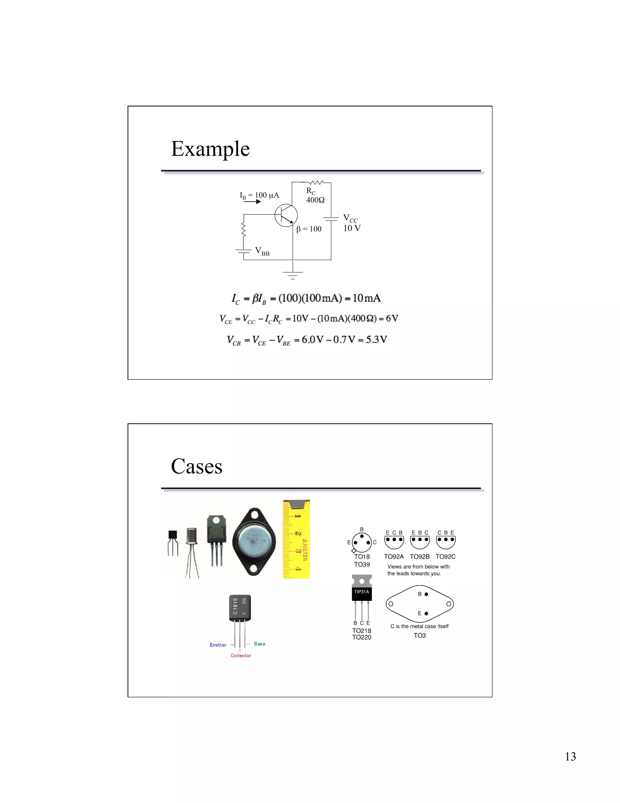 13 
Example 
VBB 
VCC 
10 V 
IB = 100 μA RC 
400Ω 
β = 100 
Cases 
 