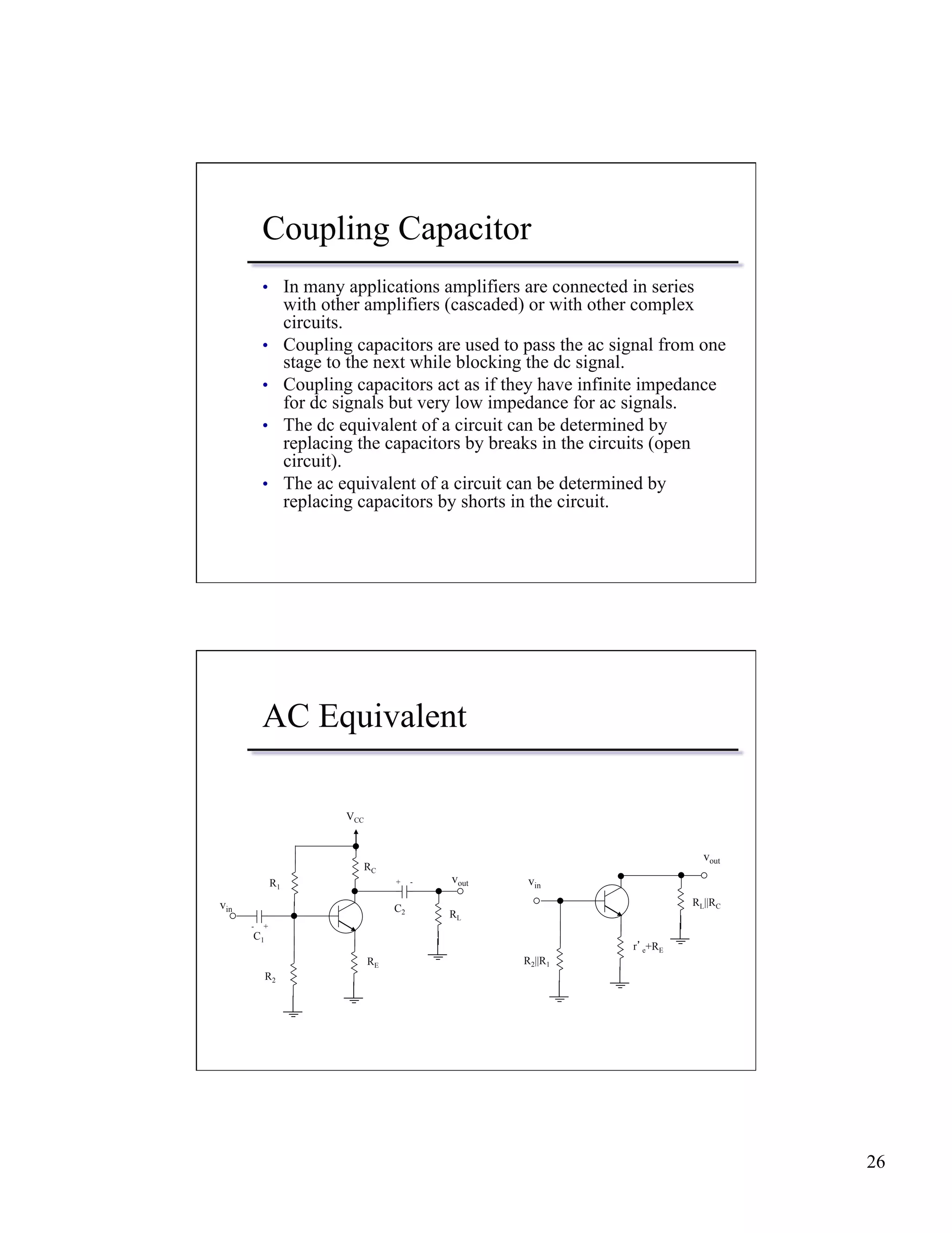 26 
Coupling Capacitor 
• In many applications amplifiers are connected in series 
with other amplifiers (cascaded) or with other complex 
circuits. 
• Coupling capacitors are used to pass the ac signal from one 
stage to the next while blocking the dc signal. 
• Coupling capacitors act as if they have infinite impedance 
for dc signals but very low impedance for ac signals. 
• The dc equivalent of a circuit can be determined by 
replacing the capacitors by breaks in the circuits (open 
circuit). 
• The ac equivalent of a circuit can be determined by 
replacing capacitors by shorts in the circuit. 
AC Equivalent 
vout 
R2 
C2 RL 
R1 
VCC 
RE 
+ - 
- + 
RC 
vin 
C1 
vout 
R2||R1 
RL||RC 
r’e+RE 
vin 
 