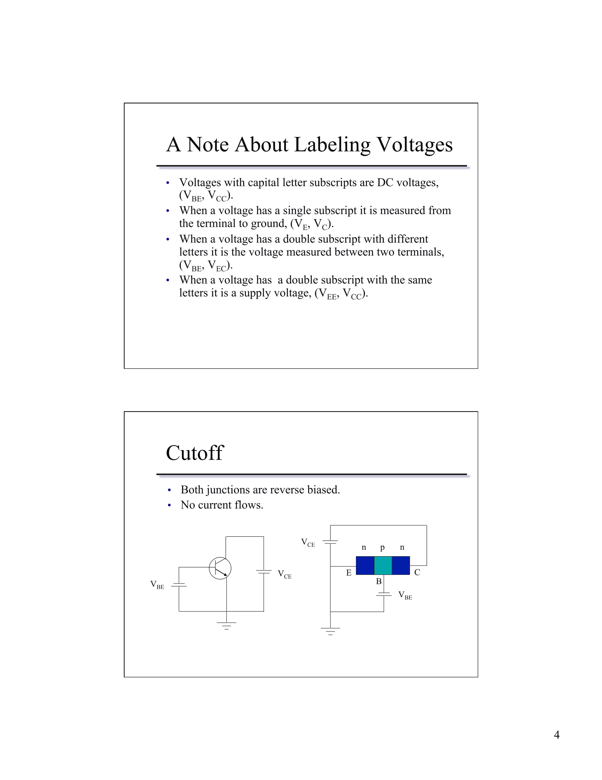 4 
A Note About Labeling Voltages 
• Voltages with capital letter subscripts are DC voltages, 
(VBE, VCC). 
• When a voltage has a single subscript it is measured from 
the terminal to ground, (VE, VC). 
• When a voltage has a double subscript with different 
letters it is the voltage measured between two terminals, 
(VBE, VEC). 
• When a voltage has a double subscript with the same 
letters it is a supply voltage, (VEE, VCC). 
Cutoff 
• Both junctions are reverse biased. 
• No current flows. 
n p n 
VBE VCE 
VBE 
VCE 
E C 
B 
 