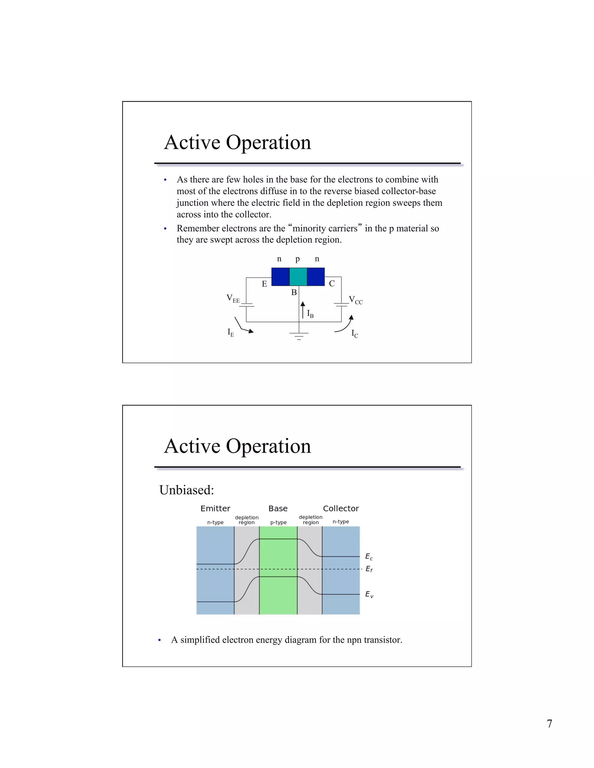 7 
Active Operation 
• As there are few holes in the base for the electrons to combine with 
most of the electrons diffuse in to the reverse biased collector-base 
junction where the electric field in the depletion region sweeps them 
across into the collector. 
• Remember electrons are the “minority carriers” in the p material so 
they are swept across the depletion region. 
n p n 
VEE 
E C 
B 
VCC 
IB 
IE IC 
Active Operation 
Unbiased: 
• A simplified electron energy diagram for the npn transistor. 
 