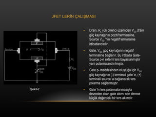 Drain, R L  yk direnci zerinden V DD  drain g? kayna??n?n pozitif terminaline, Source V DD  'nin negatif terminaline irtibatland?r?l?r. Gate, V GG  g? kayna??n?n negatif terminaline ba?lan?r. Bu irtibatla Gate-Source p-n eklemi ters bayaslanm??t?r yani polarmaland?r?lm??t?r. Gate p- maddesinden olu?tu?u i?in V GG  g? kayna??n?n (-) terminali gate 'e, (+) terminali source 'a ba?lanarak ters polarma sa?lanm??t?r. Gate 'in ters polarmalanmas?yla devreden akan gate ak?m? son derece k?k de?erdeki bir ters ak?md?r. ?ekil-2 JFET LER?N ?ALI?MASI 