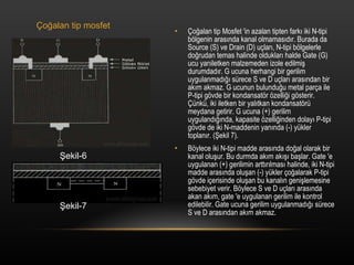 ?o?alan tip Mosfet 'in azalan tipten fark? iki N-tipi b?lgenin aras?nda kanal olmamas?d?r. Burada da Source (S) ve Drain (D) u?lar?, N-tipi b?lgelerle do?rudan temas halinde olduklar? halde Gate (G) ucu yar?iletken malzemeden izole edilmi? durumdad?r. G ucuna herhangi bir gerilim uygulanmad??? srece S ve D u?lar? aras?ndan bir ak?m akmaz. G ucunun bulundu?u metal par?a ile P-tipi g?vde bir kondansat?r ?zelli?i g?sterir. ?nk, iki iletken bir yal?tkan kondansat?r meydana getirir. G ucuna (+) gerilim uyguland???nda, kapasite ?zelli?inden dolay? P-tipi g?vde de iki N-maddenin yan?nda (-) ykler toplan?r. (?ekil 7). B?ylece iki N-tipi madde aras?nda do?al olarak bir kanal olu?ur. Bu durmda ak?m ak??? ba?lar. Gate 'e uygulanan (+) gerilimin artt?r?lmas? halinde, iki N-tipi madde aras?nda olu?an (-) ykler ?o?alarak P-tipi g?vde i?erisinde olu?an bu kanal?n geni?lemesine sebebiyet verir. B?ylece S ve D u?lar? aras?nda akan ak?m, gate 'e uygulanan gerilim ile kontrol edilebilir. Gate ucuna gerilim uygulanmad??? srece S ve D aras?ndan ak?m akmaz. ?o?alan tip mosfet ?ekil-6 ?ekil-7 