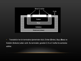Transist?rn her bir terminaline i?levlerinden ?tr; Emiter ( E miter), Beyz ( B ase) ve Kolekt?r ( C ollector) adlar? verilir. Bu terminaller; genelde E, B ve C harfleri ile sembolize edilirler. 