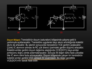 (a)  (b) Doyum B?lgesi :  Transist?rn doyum (saturation) b?lgesinde ?al??ma ?ekil b yard?m?yla a??klanacakt?r. Transist?re uygulanan beyz ak?m? art?r?ld???nda kolekt?r ak?m? da artacakt?r. Bu i?lemin sonucunda transist?rn VCE gerilimi azalacakt?r. ?nk IC ak?m?n?n artmas? ile RC yk direnci zerindeki gerilim d?m artacakt?r. Kolekt?r-emiter gerilimi doyum de?erine ula?t???nda (VCE(DOY)) beyz-emiter jonksiyonu do?ru y?nde polarmalanacakt?r. Sonu?ta IB de?eri daha fazla ykselse bile IC ak?m? daha fazla artmayacakt?r. Doyum b?lgesinde ?al??an bir transist?rn kolekt?r-emiter gerilimi VCE yakla??k 0V civar?ndad?r. Bu de?er genellikle VCE(DOY)=0V olarak ifade edilir. 