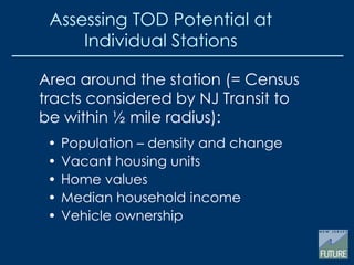 • Population – density and change
• Vacant housing units
• Home values
• Median household income
• Vehicle ownership
Area around the station (= Census
tracts considered by NJ Transit to
be within ½ mile radius):
Assessing TOD Potential at
Individual Stations
 