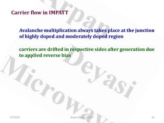 carriers are drifted in respective sides after generation due
to applied reverse bias
Carrier flow in IMPATT
Avalanche multiplication always takes place at the junction
of highly doped and moderately doped region
2/7/2021 18
Arpan Deyasi, RCCIIT
 