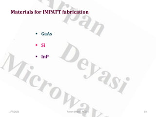 Materials for IMPATT fabrication
 GaAs
 Si
 InP
2/7/2021 19
Arpan Deyasi, RCCIIT
 