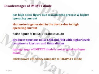 2/7/2021 Arpan Deyasi, RCCIIT 25
Disadvantages of IMPATT diode
has high noise figure due to avalanche process & higher
operating current
shot noise is generated in the device due to high
operating current
noise figure of IMPATT is about 35 dB
produces spurious noise (AM and FM) with higher levels
compare to klystron and Gunn diodes
tuning range of IMPATT diode is not as good as Gunn
diode
offers lower efficiency compare to TRAPATT diode
 