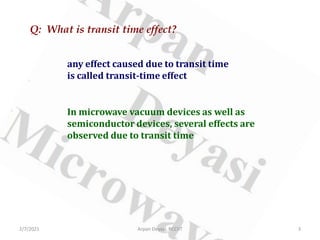 Q: What is transit time effect?
any effect caused due to transit time
is called transit-time effect
In microwave vacuum devices as well as
semiconductor devices, several effects are
observed due to transit time
2/7/2021 3
Arpan Deyasi, RCCIIT
 