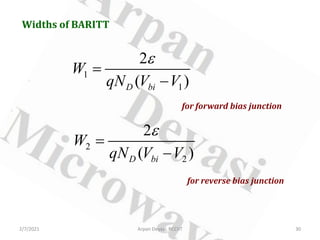 Widths of BARITT
1
1
2
( )
D bi
W
qN V V
ε
=
−
2
2
2
( )
D bi
W
qN V V
ε
=
−
for forward bias junction
for reverse bias junction
2/7/2021 30
Arpan Deyasi, RCCIIT
 
