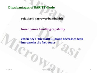 Disadvantages of BARITT diode
relatively narrower bandwidth
lower power handling capability
efficiency of the BARITT diode decreases with
increase in the frequency
2/7/2021 36
Arpan Deyasi, RCCIIT
 