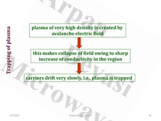 2/7/2021 Arpan Deyasi, RCCIIT 41
Trapping
of
plasma
plasma of very high density is created by
avalanche electric field
this makes collapse of field owing to sharp
increase of conductivity in the region
carriers drift very slowly, i.e., plasma is trapped
 