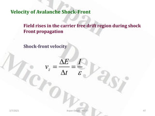 Field rises in the carrier free drift region during shock
Front propagation
z
E I
v
t ε
∆
= =
∆
Shock-front velocity
2/7/2021 47
Arpan Deyasi, RCCIIT
Velocity of Avalanche Shock-Front
 