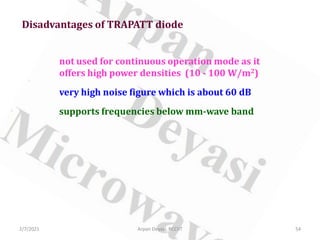 2/7/2021 54
Arpan Deyasi, RCCIIT
Disadvantages of TRAPATT diode
not used for continuous operation mode as it
offers high power densities (10 - 100 W/m2)
very high noise figure which is about 60 dB
supports frequencies below mm-wave band
 