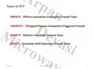 Types of ATT
IMPATT: IMPact ionization Avalanche Transit Time
TRAPATT: TRApped Plasma Avalanche Triggered Transit
BARITT: BARrier Injection Transit Time
QWITT: Quantum Well Injection Transit Time
2/7/2021 6
Arpan Deyasi, RCCIIT
 