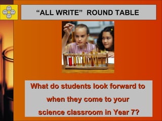 “ ALL WRITE”  ROUND TABLE   What do students look forward to  when they come to your  science classroom in Year 7? Instant  Star!! 