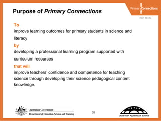 Purpose of  Primary Connections To   improve learning outcomes for primary students in science and literacy  by   developing a professional learning program supported with curriculum resources  that will   improve teachers’ confidence and competence for teaching  science through developing their science pedagogical content  knowledge. 