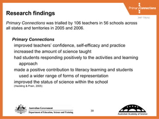Research findings Primary Connections  was trialled by 106 teachers in 56 schools across all states and territories in 2005 and 2006. Primary Connections improved teachers’ confidence, self-efficacy and practice increased the amount of science taught had students responding positively to the activities and learning approach  made a positive contribution to literacy learning and students used a wider range of forms of representation improved the status of science within the school  (Hackling & Prain, 2005) 