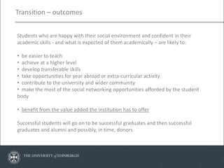 Transition – outcomes


Students who are happy with their social environment and confident in their
academic skills - and what is expected of them academically – are likely to:

• be easier to teach
• achieve at a higher level
• develop transferable skills
• take opportunities for year abroad or extra-curricular activity
• contribute to the university and wider community
• make the most of the social networking opportunities afforded by the student
body

• benefit from the value added the institution has to offer

Successful students will go on to be successful graduates and then successful
graduates and alumni and possibly, in time, donors
 