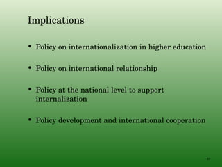 Implications Policy on internationalization in higher education Policy on international relationship Policy at the national level to support internalization  Policy development and international cooperation 