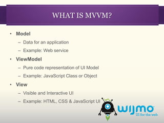 WHAT IS MVVM?

• Model
  – Data for an application
  – Example: Web service
• ViewModel
  – Pure code representation of UI Model
  – Example: JavaScript Class or Object
• View
  – Visible and Interactive UI
  – Example: HTML, CSS & JavaScript UI
 