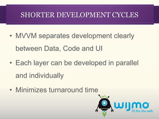 SHORTER DEVELOPMENT CYCLES

• MVVM separates development clearly
 between Data, Code and UI

• Each layer can be developed in parallel
 and individually

• Minimizes turnaround time
 