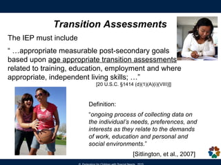 WHERE TO START?
Start with the students’ vision
Sports
Recreation
and Social
Activities
Personality
shy/outgoing
Job or
Volunteer
Activities
Likes/
Dislikes
Favorite
Things
What do you
want to be
when you
grow up?
Where are
you going to
live?
What do you
want to do
for fun?
You may need to
collect data on
students skills…
 