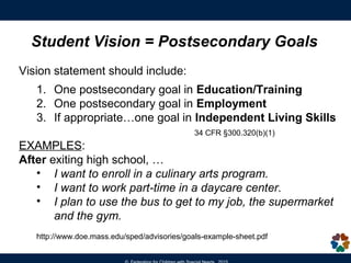 The Team should discuss and complete the TPF before
completing the IEP Form.
1.Post-Secondary Vision considers the student’s
preferences, interests and the desired outcomes for
education/training, employment and adult living.
2.Disability Related Needs addresses disability-related
skills that require IEP goals and/or related services.
3.Action Plan outlines how student can develop skills to be
prepared both academically and functionally to meet their
vision for the future and who will support them.
Transition Planning Form (TPF)
 