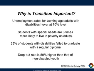 Why is Transition Important?
Unemployment rates for working age adults with
disabilities hover at 70% level
Students with special needs are 3 times
more likely to live in poverty as adults
35% of students with disabilities failed to graduate
with a regular diploma
Drop-out rate is 50% higher than that of
non-disabled youth
DESE Harris Survey 2004
 