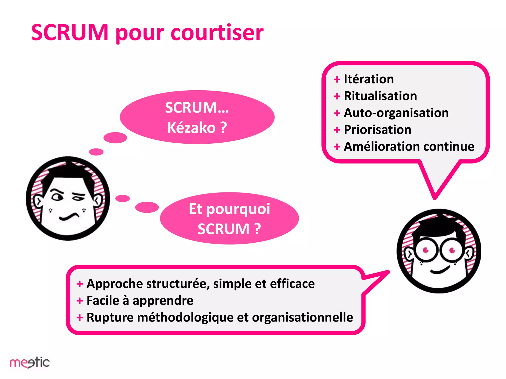 SCRUM pour courtiser
+ Approche structurée, simple et efficace
+ Facile à apprendre
+ Rupture méthodologique et organisationnelle
+ Itération
+ Ritualisation
+ Auto-organisation
+ Priorisation
+ Amélioration continue
SCRUM…
Kézako ?
Et pourquoi
SCRUM ?
 