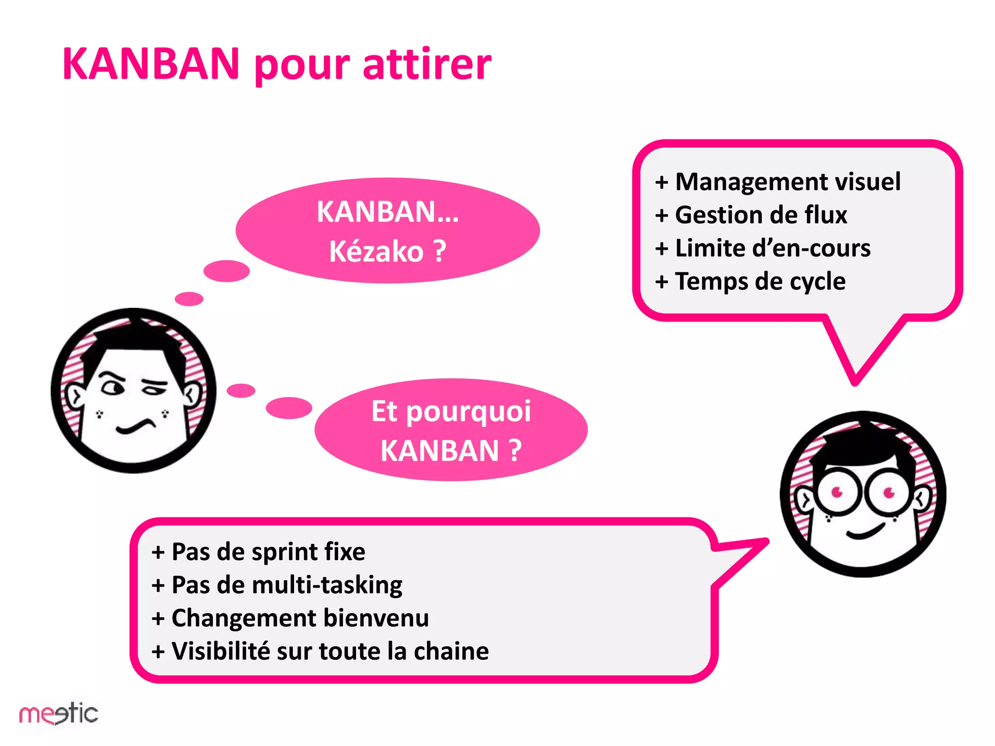 KANBAN pour attirer
KANBAN…
Kézako ?
Et pourquoi
KANBAN ?
+ Pas de sprint fixe
+ Pas de multi-tasking
+ Changement bienvenu
+ Visibilité sur toute la chaine
+ Management visuel
+ Gestion de flux
+ Limite d’en-cours
+ Temps de cycle
 