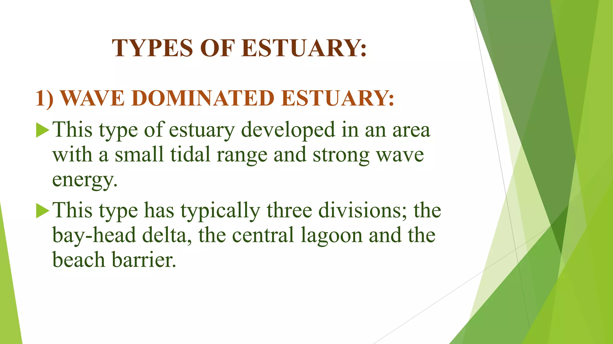 TYPES OF ESTUARY:
1) WAVE DOMINATED ESTUARY:
This type of estuary developed in an area
with a small tidal range and strong wave
energy.
This type has typically three divisions; the
bay-head delta, the central lagoon and the
beach barrier.
 