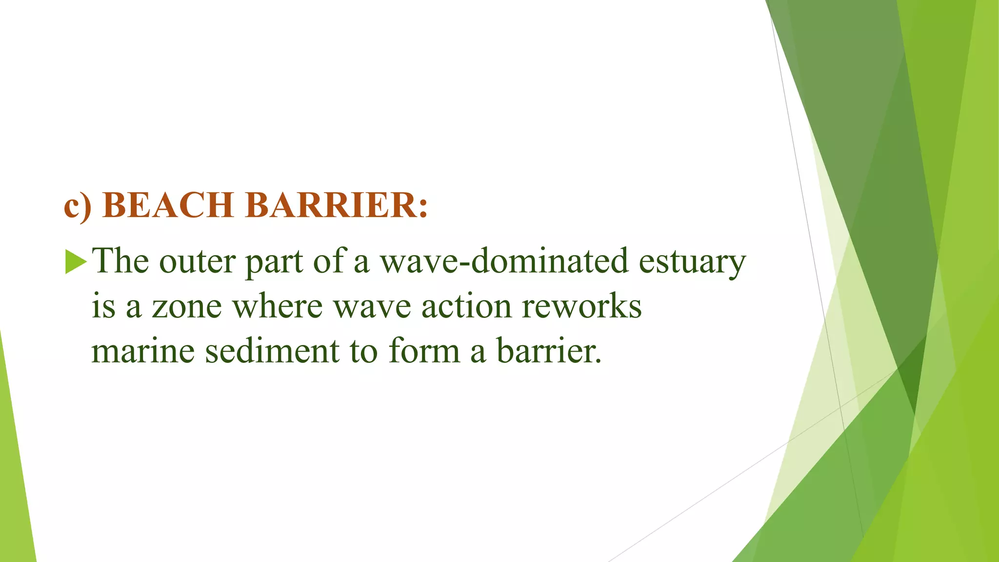 c) BEACH BARRIER:
The outer part of a wave-dominated estuary
is a zone where wave action reworks
marine sediment to form a barrier.
 