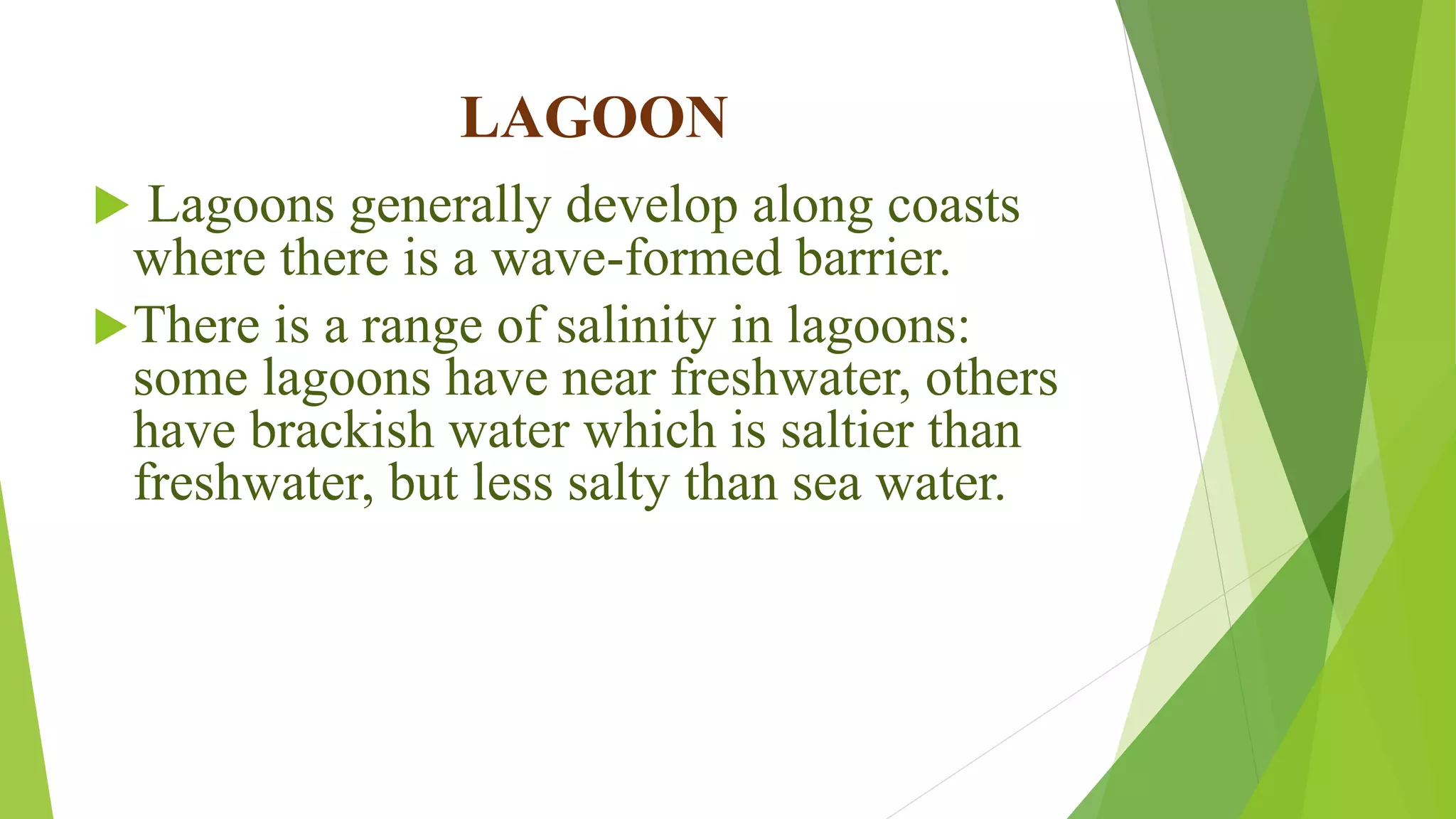 LAGOON
 Lagoons generally develop along coasts
where there is a wave-formed barrier.
There is a range of salinity in lagoons:
some lagoons have near freshwater, others
have brackish water which is saltier than
freshwater, but less salty than sea water.
 