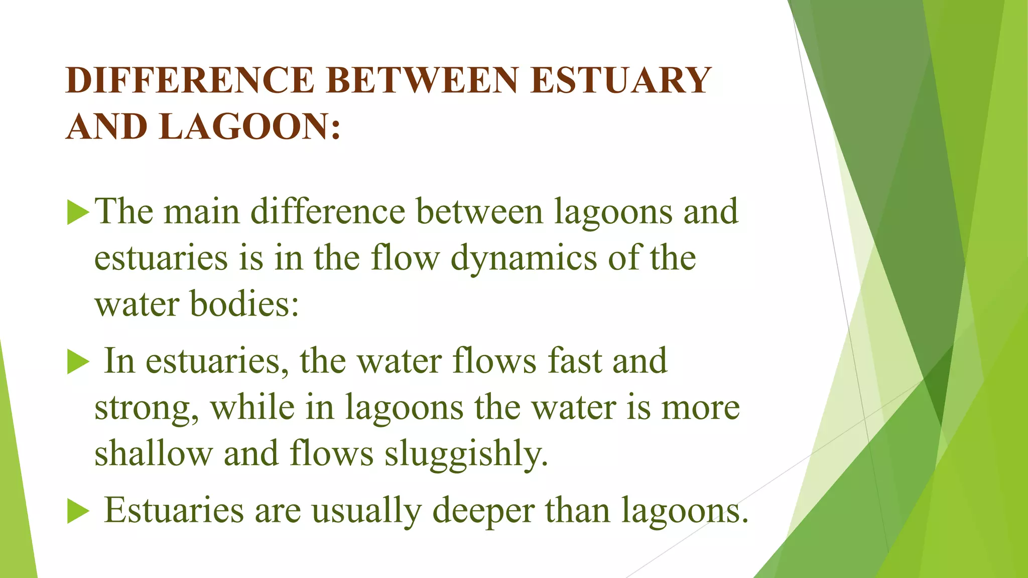 DIFFERENCE BETWEEN ESTUARY
AND LAGOON:
The main difference between lagoons and
estuaries is in the flow dynamics of the
water bodies:
 In estuaries, the water flows fast and
strong, while in lagoons the water is more
shallow and flows sluggishly.
 Estuaries are usually deeper than lagoons.
 