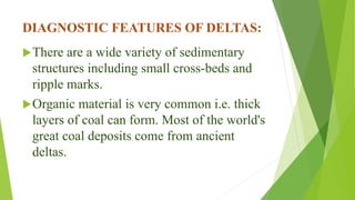 DIAGNOSTIC FEATURES OF DELTAS:
There are a wide variety of sedimentary
structures including small cross-beds and
ripple marks.
Organic material is very common i.e. thick
layers of coal can form. Most of the world's
great coal deposits come from ancient
deltas.
 