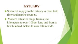 ESTUARY
Sediment supply to the estuary is from both
river and marine sources.
 Modern estuaries range from a few
kilometers to over 100km long and from a
few hundred meters to over 10km wide.
 